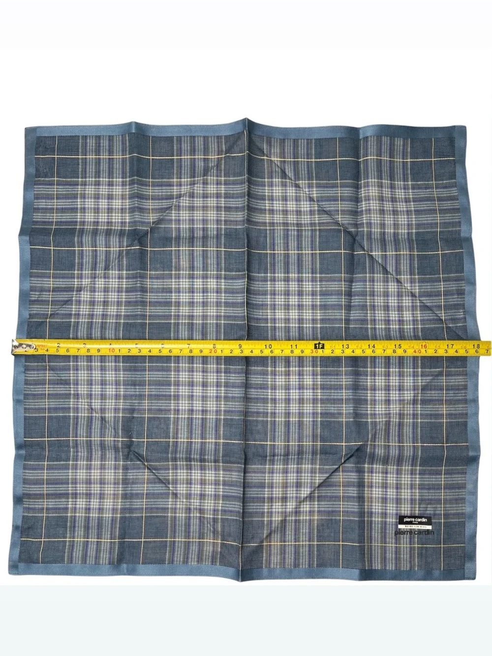 Pierre Cardin Vintage Blue Plaid Cotton Handkerchief Pocket Square Scarf